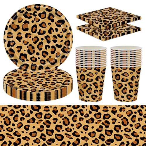Leopard print party paper tableware, Cheetah Birthday Party Decoration, Leopard Print Birthday Tableware Set，Tablecloth,Plates,Cups,Tissues, Beast Leopard Birthday Party Decorations-20 person