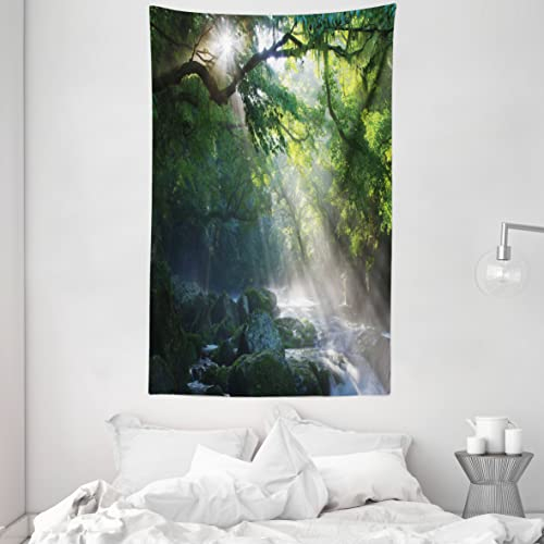 ABAKUHAUS Regenwald Wandteppich, Stream in The Jungle Stones Under Shadows of Trees Sun Rays Mother Earth Theme, aus Weiches Mikrofaser Stoff Wand Dekoration Für Schlafzimmer, 140 x 230 cm, Grün Weiß
