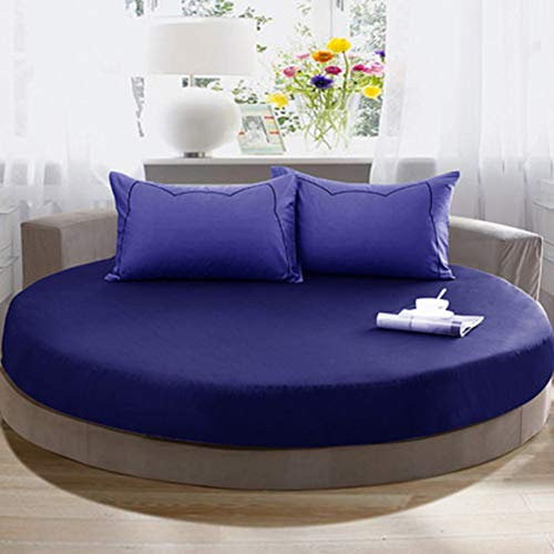 SHEETS&BED Rundes Bettlaken mit Ecken, Basis-Bezug, reine Farbe 100 % Baumwolle, Hotel, runde Matratze, Bettlaken + 25 cm, Blau, Durchmesser 220 cm (87 Zoll) + 2 Pillowcase