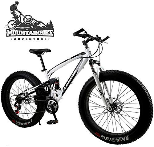 NENGGE 26 & 24 Zoll MTB Vollfederung für Erwachsenen Herren Damen, Fette Reifen Fahrräder Mountainbike mit Scheibenbremsen, Rahmen aus Kohlenstoffstahl,Weiß,24 Inch 24 Speed