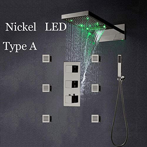 Huin Promotion en gros et au détail NOUVEAU robinet de douche cascade LED thermostatique Set Jets de massage avec mitigeur de baignoire-Un type de nickel