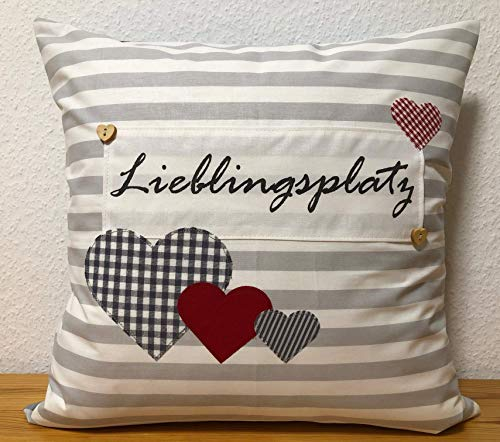 1 Kissenhülle, Kissenbezug,Landhausstil Kissen *Lieblingsplatz* grau/weiß gestreift mit Herzen