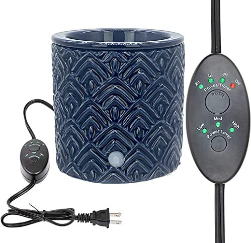 Blue Chevron Ceramic Candle Warmer Electric with Safety Timer | Automatic Plug in Fragrance Warmer for Scented Wax Melts, Cubes, Tarts | Air Freshener Set for Home Décor, Office, and Gifts