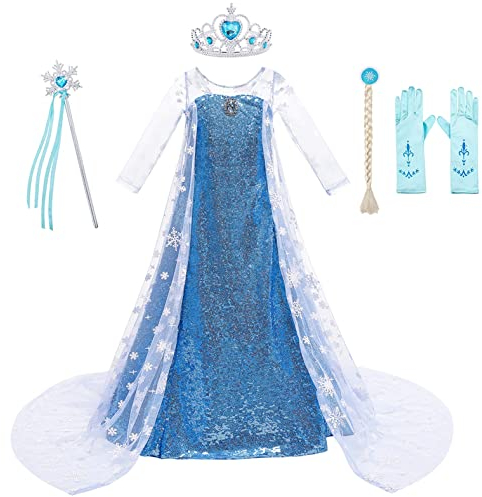 KANDEMY Mädchen Prinzessin Kleid ELSA Kostüm Faschingskostüme für Kinder Eisprinzessin Kleider Karneval Kostüme Rollenspiel Geburtstag Party Dunkelblau 130