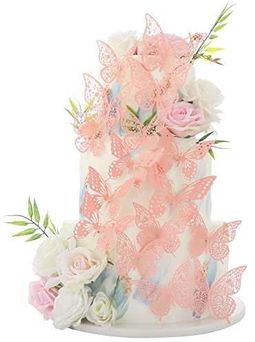 36 Pack Pink Glitter 3D Butterfly Cupcake Toppers Hollow Butterfly Cake Decorations for Birthday Wedding Fairy Party Butterfly Wall Sticker Decal for Background Wall Decoration