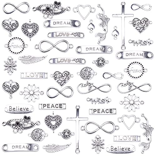 HERZWILD Schmuckverbinder Metall 50pcs gemischte charms anhänger set DIY Schmuckanhänger Anhänger Herz Schmuckverbinder DIY Basteln Charms Anhänger Halskette Armband Making Zubehör (Silver)