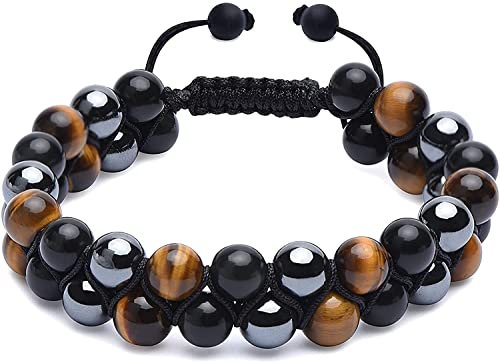 REBUYUK Black Tourmaline, Hematite, & Tiger Eye Stone for Men & Women Anxiety Bracelet Triple Protection | Reiki Crystal Healing Bracelet Help To Protect Against Negative Energy | Adjustable