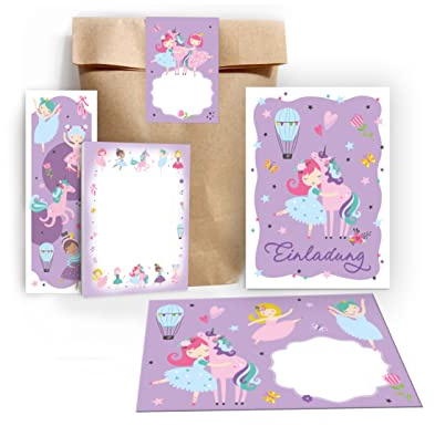Junapack 12 Einladungskarten zum Kindergeburtstag Mädchen Ballerina mit Einhorn incl. 12 Umschläge, 12 Tüten/Natur, 12 Aufkleber, 12 Lesezeichen, 12 Blöcke