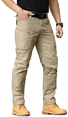 CARWORNIC Pantalon tactique de randonnée léger pour homme avec plusieurs poches, kaki, 32 W /30 L