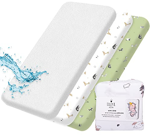 Lilly Belly Lilly B. GOTS-Bettlaken aus Bio-Baumwolle, 120 x 60 cm, ausgestattet mit 2+1 wasserdichtem Schutz, kompatibel mit Snuzpod, Next2me und allen Beistellbetten, Mini-Kinderbetten bis zu 60 x 1