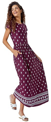 Roman Originals Maxi Dress with Pockets for Women UK Ladies Stretchy Jersey Midi Elasticated Gathered High Waist Skater Swing Fit Flare Office Work Smart Casual Boho - Wine - Size 16