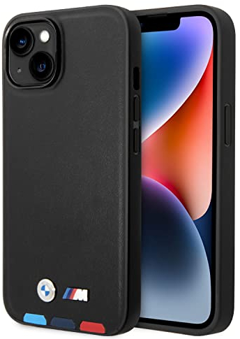 CG Mobile BMW Handyhülle für iPhone 14 Zoll Schwarz mit dreifarbigen Bodenlinien, PU-Leder, M-Kollektion, Glatte Schutzhülle mit einfachem Schnappverschluss, Stoßdämpfung und Signatur-Logo