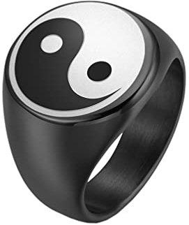 HIJONES Herren Klassischer Yin-Yang-Gossip-Balance-Ring aus Rostfreier Stahl Taoistische Amulett-Siegelringe Schwarz Größe 60 (19.1)