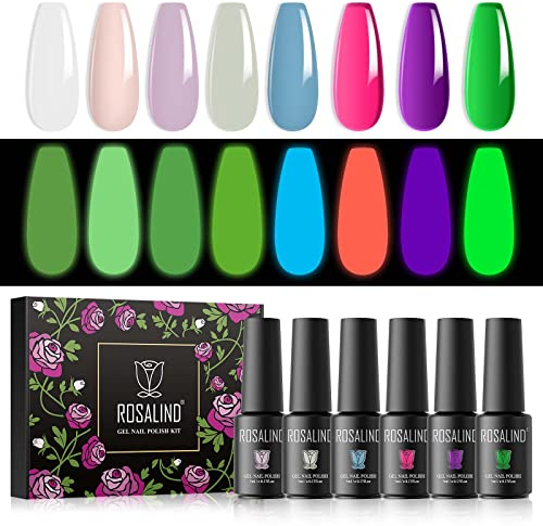 ROSALIND Vernis Gel UV Semi Permanent, Néon Lumineux Couleur Vernis Semi Permanent Blanc Rose Violet Bleu Jaune Vert, 5ml Vernis à Ongles UV LED Soak Off Manucure Nail Art Set 8pcs