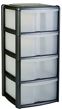 4 Drawer Plastic Storage Tower Unit, Black & Clear - Large - 4 x 20L Drawers - Stackable Polypropylene Tower Unit
