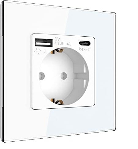 PULSAR USB-C USB-A Steckdose Unterputz Glas Weiß 1-Fach, Schnellladen | Steckdose USB-C USB-A 1-Fach Glas Weiß - Einfachsteckdose Unterputz mit 2 USB-Schnittstellen max 20W Schnellladen