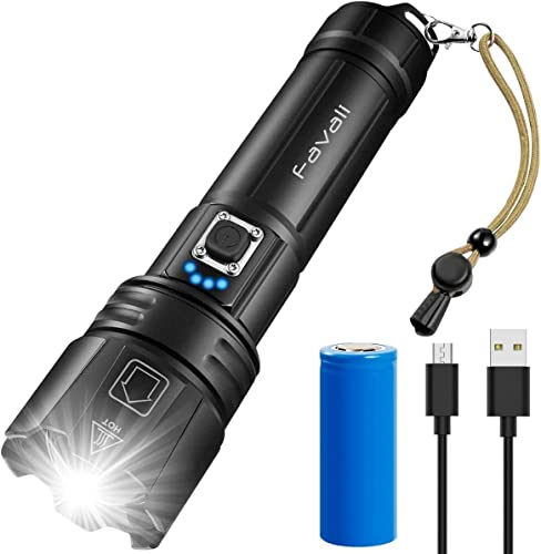 GRUTTI Torcia a LED, 10000 lumen, estremamente luminosa XHP70, torcia tattica a batteria, ricaricabile, IP65, impermeabile, 5 modalità di illuminazione, zoomabile, per campeggio, escursionismo