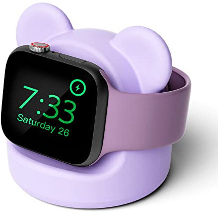 ELETIUO Apple Watch Charger Stand, Silicone Dock Holder for Apple Watch Series 10-1/Ultra2/Ultra/SE (46/45/44/42/41/40/38mm), Bear - Shaped, Supports Nightstand Mode, Purple