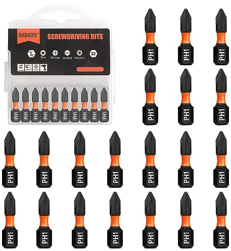 BAIDETS Pro PH1 Bit-Sortiment - Schraubendreher Bits Set 20 Stück, 25mm Länge, Schrauber-Bit, 1/4 Sechskantschaft, mit Spender-Box