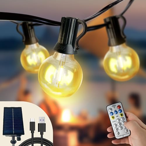 ZEEQII Solar Lichterkette Aussen,6M/9+1 G40 Glühbirnen LED Lichterkette Außen Solar mit Fernbedienung,USB/Solar Lademethode,8 Modes Dimmbar Lichterkette Outdoor für Partyzelt,Pergola,Terrasse,Garten