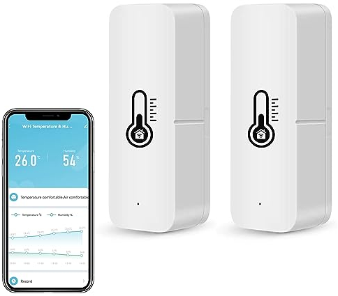 WiFi Thermometer Hygrometer Innen, Mini Thermometer Raumthermometer mit App Fernbedienung, Temperatur Luftfeuchtigkeitmessgerät mit Datenspeicherung für Gewächshaus, Kompatibel Alexa Google Home 2PCS