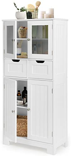 RELAX4LIFE Bathroom Floor Cabinet, Free Standing Storage Cupboard with 2 Drawer, Double Door Cabinet & 3-Height Adjustable Shelves, Wooden MDF Organiser Unit for Entryway Living Room Kitchen (White)