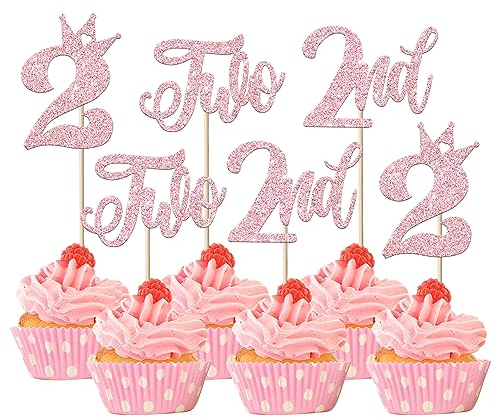 SYKYCTCY 24 Pack Two Birthday Cupcake Toppers Glitter Happy 2nd Birthday Cupcake Picks Crown Happy Birthday Cake Decorations for Second Baby Shower Anniversary Party Supplies Pink