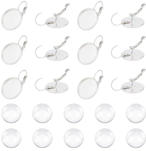 UNICRAFTALE 30 Sets 304 Edelstahl Ohrringhaken 18 mm Flach Rund Blanko Ohrring Cabochons Lünettenschale Metall Ohrring Zubehör Für Baumelnde Ohrringe Schmuckherstellung Fach 18 mm