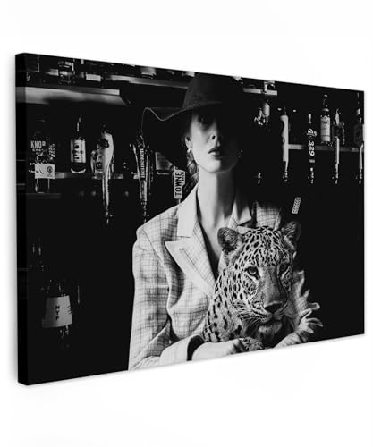 MuchoWow© Bild auf Leinwand Klein 30x20 cm Mini Schlafzimmer Bilder Badezimmer Wand Deko Wohnzimmer Modern Wanddeko Bilderwand Geschenk Frau - Leopard - Vintage - Porträt - Schwarz und weiß