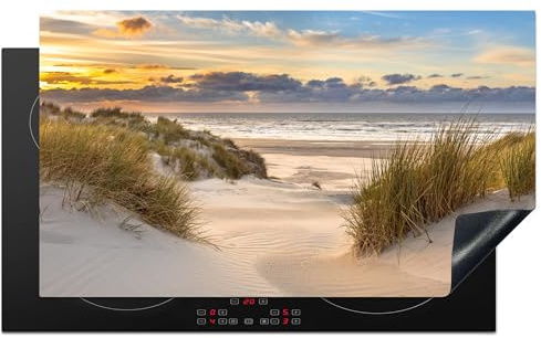 KitchenYeah© Protege Plaque Induction Decoration Cuisine Tapis | 90x52 cm - Protection Pour Plan Travail Cuisson Protégé Plage - Dune - Herbe - Coucher soleil - Mer