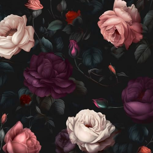 BOKEBEVE Rose Floral Contact Paper Boho Flower Wallpaper Peel and Stick Wall Paper for Bathroom Cabinet DIY Waterproof Self Adhesive Renter Friendly Purple Dark Black 17.5 x 393.5In