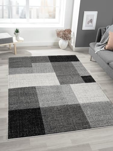 Mia's Teppiche Mosaix - Moderner Dichter Kurzflor Teppich für Wohn- und Schlafzimmer, mit Konturenschnitt, Geometrischen Mustern, Kariert, in Grau, 120 x 160 cm