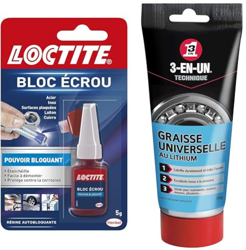 LOCTITE Colle Bloc Écrou - Résine autobloquante pour éviter le desserage par vibration de boulons & 3-EN-UN Technique • Graisse Universelle au Lithium • Tube • Forte adhérence