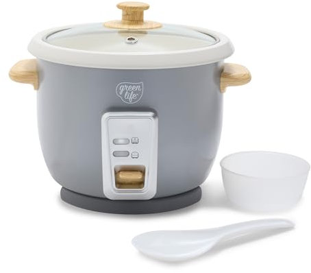 GreenLife - Steamer for 6 Cup Rice Pot, Removable Non-Stick Ceramic Pot without PFAS, Automatic Presets, Wood Pressure Handle, Keep Warm Function, Design of a