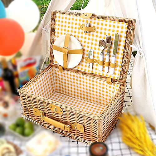 HAVVMK Picknickkorb für 2 Personen, Weiden-Picknickkorb mit Griff, Weidenkorb, Premium-Set mit Tellern, Besteck, Weingläsern, Pfefferstreuer und Korkenzieher für Camping-Partys im Freien