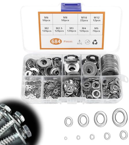 vvhippo 684 Pièces Rondelles Metal Inox, Rondelles Plates, Joint Plat avec 1 BoîTe d'Assortiment, 9 Tailles Rondelles pour Gonds de Porte, M12 à M2, pour Vis et Gonds de Porte, Boulons
