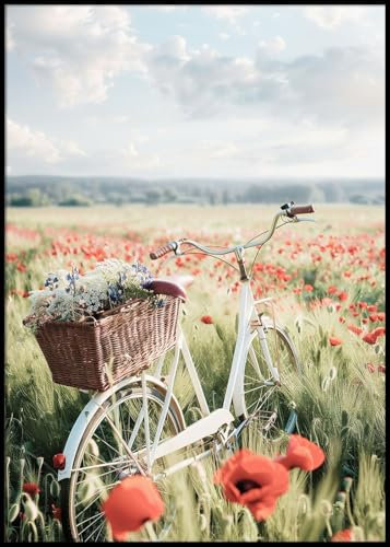 Dekomundo Fahrrad auf Wiese Poster, 30x40 cm zum Einrahmen moderne Wanddekoration für Wohnzimmer, Schlafzimmer und Büro
