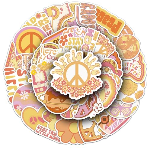 Bric Dodo 50 Stück Hippy Aufkleber Auto Laptop Telefon Gitarre Skateboard Motorrad Fahrrad Hippies Stickers Set Vinyl Wasserdicht Aesthetic Aufkleber für Jugendliche Kinder Erwachsene