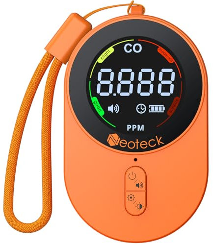 Neoteck Mini Detector de CO 1s Refresh Detector de Monóxido de Carbono con Alarma de Zumbador y Cordón, 700mAh Batería Recargable Incorporada para Camping, Caravaning, Hogar, Coche, etc.