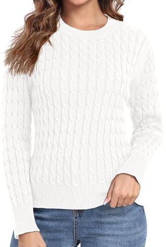 QIXING Women's Cable Knit Jumper Cosy Long Sleeve Round Neck Pullover Casual Sweater Tops for Ladies UK(White, M)