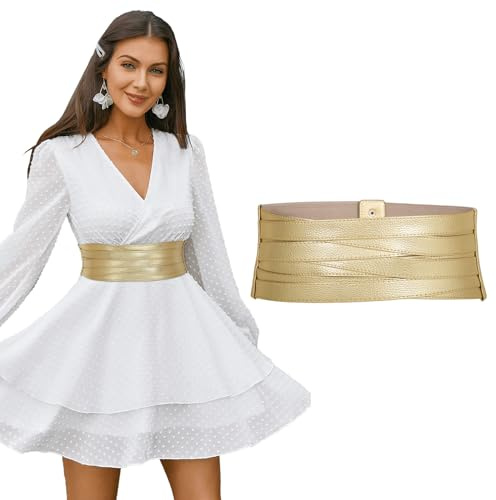 LEACOOLKEY Women Wide Leather Belt for Dress Chunky Elastic Stretchy Belt for Women Thick Obi Cinch Belt,Gold