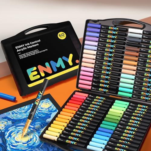 ENMY Lot de 60 marqueurs de peinture acrylique liquide direct pour textile, toile, roche, verre, bois, papier, bricolage, marqueurs de coloriage acrylique