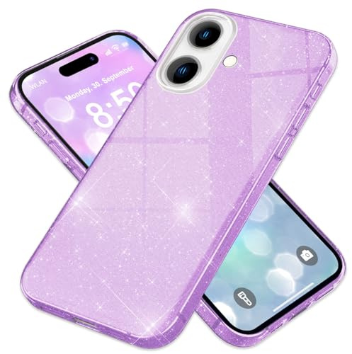NALIA Glitzerhülle für iPhone 16 - Grip - Hülle, Lila | Partikel fest im Material eingeschlossen, 3-Schicht-Schutzaufbau mit Hardcase-Kern, Erhöhter Kamerarand, SHINEPOP