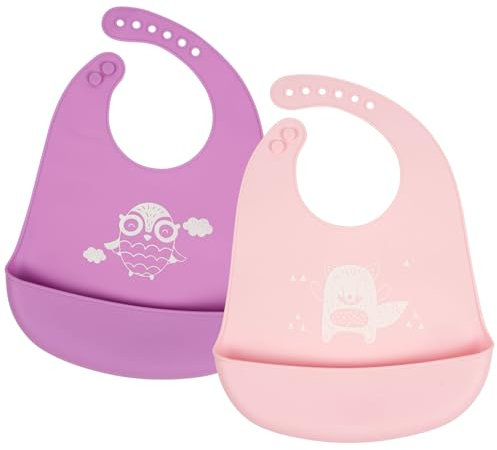 Vicloon Silikon Baby Lätzchen, 2PCS Baby Fütterlätzchen mit Auffangschale 6 Verstellbaren Tasten, BPA Frei, Babylätzchen Einfache Reinigung, Wasserdicht für Babys Jungen und Mädchen, Eule & Fuchs