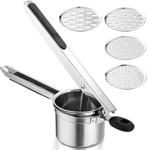 Kartoffelpresse aus Edelstahl, Kartoffelpresse und Stampfer, robuste Kartoffelpresse mit 4 austauschbaren Scheiben, große Kartoffelpresse für Kartoffelpüree, Gnocchi, Spaghetti