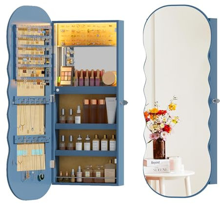 Gurexl Schmuckschrank mit Spiegel, Schmuckschrank Hängend LED Spiegelschrank Abschließbarer Wandspiegel zum Aufhängen der Wand Großer Stauraum für Schlafzimmer Badezimmer Blau