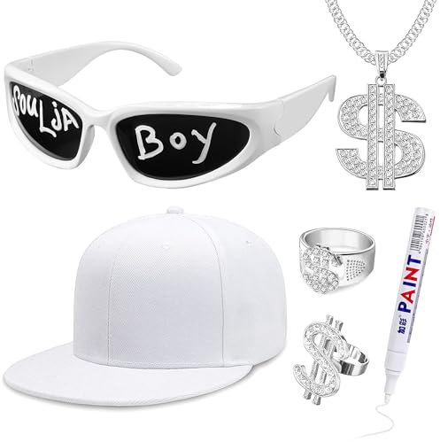 Goenb Solja Boy Hip Hop Kostüm Set, Rapper Kostüm Zubehör 80er 90er 20er Jahre Hip Hop Kostüm Zubehör mit Brille Dollarkette Ring weiße Mütze für Männer Frauen Rapper Fans (6 Stück) (weiß)