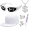 Goenb Solja Boy Hip Hop Kostüm Set, Rapper Kostüm Zubehör 80er 90er 20er Jahre Hip Hop Kostüm Zubehör mit Brille Dollarkette Ring weiße Mütze für Männer Frauen Rapper Fans (6 Stück) (weiß)