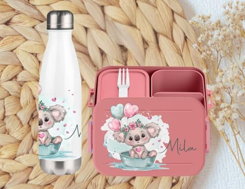 wolga-kreativ Pausenset personalisierte Brotdose rosa und Trinkflasche Thermo Kinder Edelstahl mit Koala Motiv Bento Lunchbox mit Fächern und Unterteilung für Schule und Kindergarten