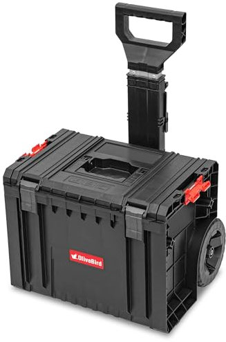 OliveBird Tool case trolley with wide, smooth wheels, heavy-duty container with metal axle, large opening, adjustable dividers, telescopic handle, dimensions: 53 x 38 x 69 cm